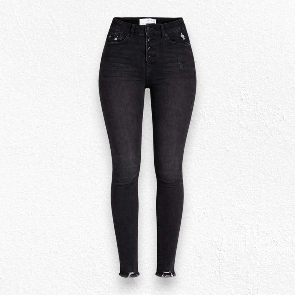 KanCan Black Denim Distressed High Waisted Fringe Fray Hem Skinny Jeans Size 25